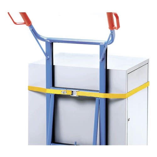 FETRA Zurrgurt 11047 für Karren in Gelb, gesichert an blauem Transportwagen mit rotem Griff