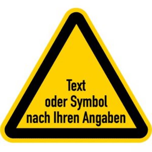 Gelbes dreieckiges Warnzeichen mit schwarzem Rand und dem Text 'Text oder Symbol nach Ihren Angaben'