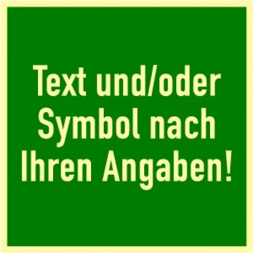Grünes Rettungsweg-Schild mit dem Text 'Text und/oder Symbol nach Ihren Angaben!'