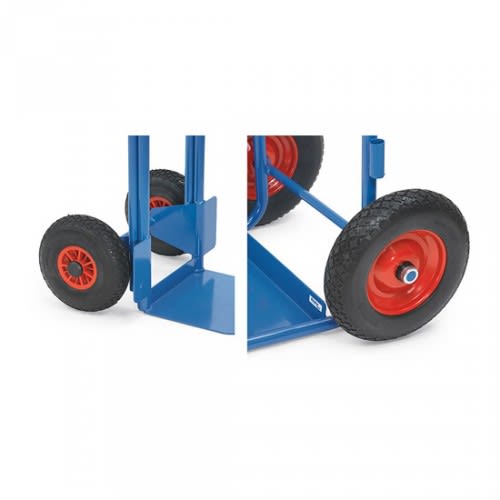 FETRA® Räder mit PU-Bereifung an blauer Sackkarre, rote Felgen, robuste Transportrollen