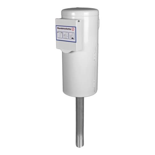 Weiße Hunde-Toilette mit integriertem Beutelspender und Behälter auf Pfosten, 20 Liter Fassungsvermögen