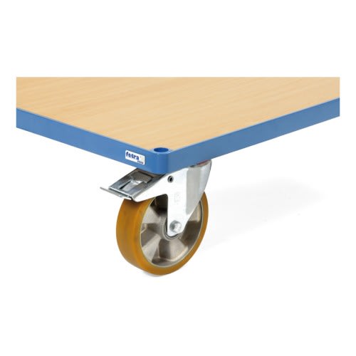 FETRA® Rad mit Polyurethan-Bereifung an Transportwagen mit Holzplatte und blauer Kante