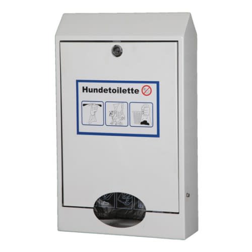 Beutelspender für Hundekotbeutel zur Wand- und Pfostenbefestigung mit Füllvolumen für 1000 Beutel, weißer Behälter mit Hundetoilette Aufkleber