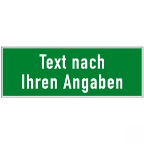 Grünes Rettungswegsschild mit weißem Text 'Text nach Ihren Angaben'