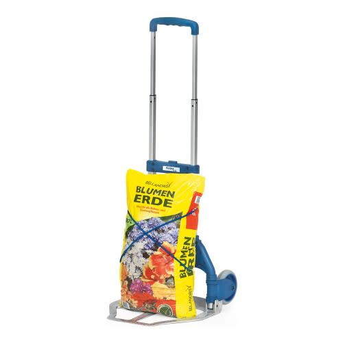 FETRA Paketroller 1730 mit Tragkraft 50 kg, blauer Griff und Rahmen, beladen mit gelbem Blumen Erde Sack