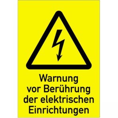 Kombischild Warnung vor Berührung der elektrischen Einrichtungen mit Blitzsymbol auf gelbem Hintergrund