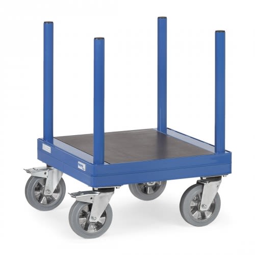 FETRA Langmaterial-Wagen 2110 mit blauer Stahlrahmen und Holzplattform, Tragkraft 1500 kg, vier Lenkrollen