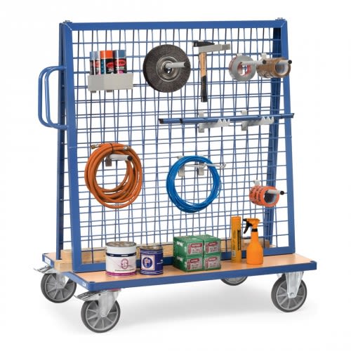 FETRA Werkstückwagen 1301 mit zwei blauen Gitterwänden, Werkzeug und Material auf Ablage, Tragkraft 500 kg