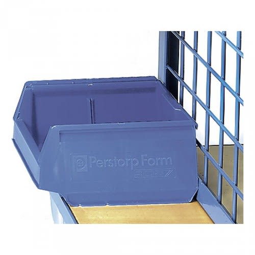 FETRA Sichtlagerkasten 1307 in blau aus Kunststoff, auf einem Metallregal montiert