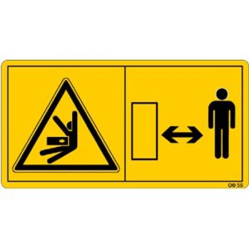 Warnschild Sicherheitsabstand zum Schwenkbereich der Maschine einhalten mit Piktogramm einer Person und Maschine