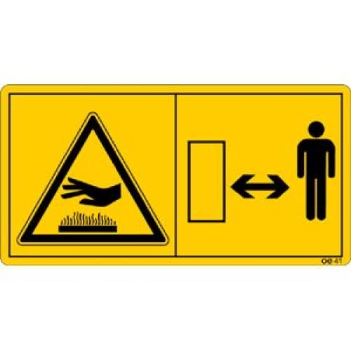 Warnschild Genügend Abstand von heißen Flächen halten mit Symbol Hand über Hitzequelle und Person mit Abstand