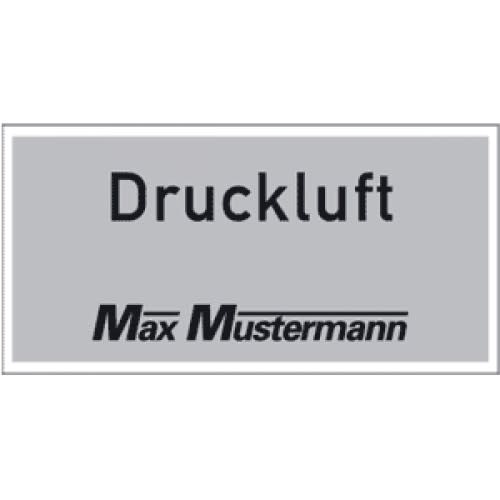 Individuelles Bezeichnungsschild mit zweifarbigem Druck und Firmenlogo Max Mustermann, Aufschrift Druckluft
