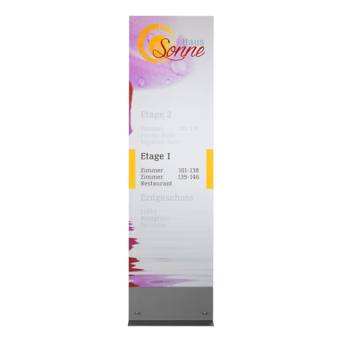 TORiNO Innenaufsteller Typ II mit Hotelwegweiser und Raumangaben für Etage 1 und 2