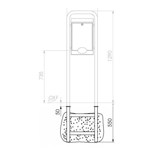 Technische Zeichnung Sockel zum Einbetonieren für Hundetoilette mit Rohrrahmen und Stand-Abfallbehälter mit Halbkugeldach mit Maßen