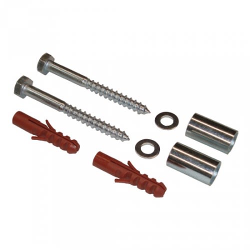 Montagesatz für Halbrund- und Rund-Ascher aus Edelstahl zur Wandbefestigung mit Schrauben, Dübeln, Unterlegscheiben und Abstandshaltern