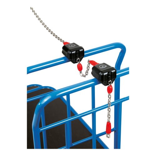 FETRA Pfandschloss 2910 an blauem Metallgestell befestigt mit Kette und rotem Verschluss