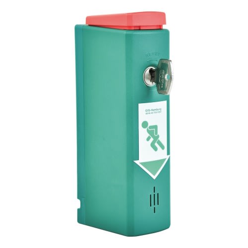 Magnet Einhand-Türwächter grün mit rotem Hebel und Schlüssel