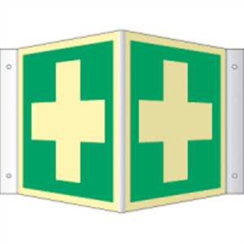 Nasen- und Winkelschild Erste Hilfe mit grünem Hintergrund und weißem Kreuz nach ISO 7010