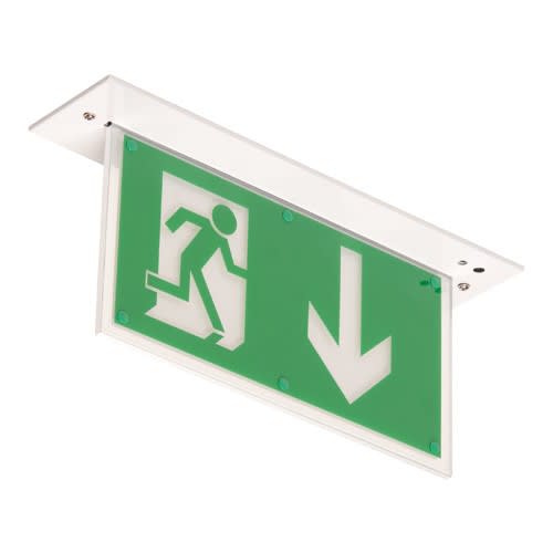 Notleuchte L-LUX STANDARD moderne LED-Scheibenleuchte mit grünem Notausgangssymbol und Pfeil nach unten, Deckeneinbau