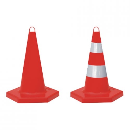 Zwei rote Sechseckkegel PLASTO, einer ohne und einer mit reflektierenden weißen Streifen