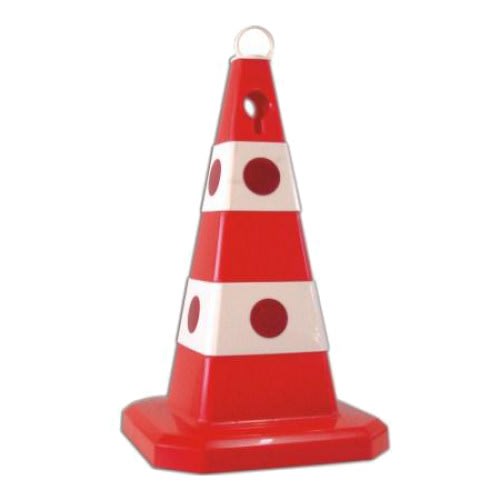 Roter Leitkegel PLASTO mit großen weißen Reflektoren und Ring oben