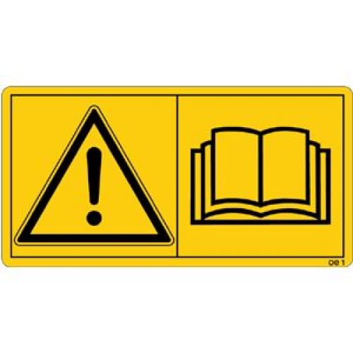Warnschild gelb mit Ausrufezeichen und offenem Buch Symbol, Hinweis Betriebsanleitung und Sicherheitshinweise vor Inbetriebnahme lesen