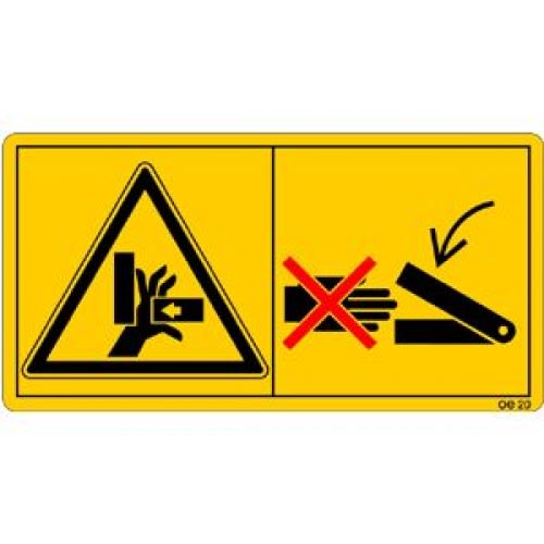 Warnschild Niemals in den Quetschgefahrenbereich greifen, solange sich dort Teile bewegen können, mit Symbolen für Handverletzungsgefahr