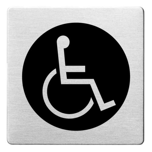 Piktogramm Rollstuhlfahrer Symbol schwarz auf silbernem Hintergrund mit abgerundeten Ecken