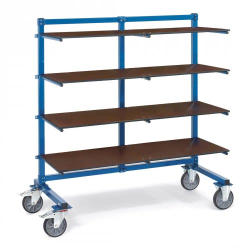 FETRA Holzböden E4614ET für Tragarmwagen mit vier Holzplatten und blauem Metallgestell auf Rollen