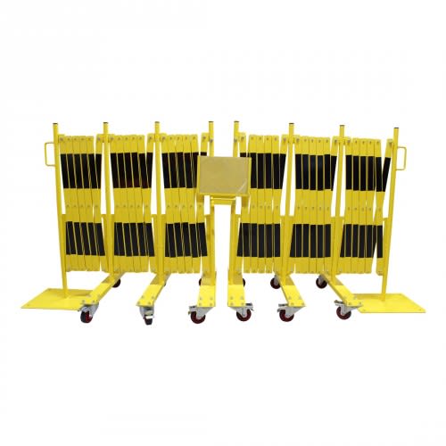 Gelbes Scherengitter Set FLEX Duo mit schwarzen Streifen und Rollen, mobil und flexibel