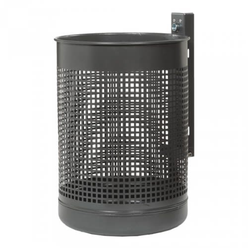 Rund-Abfallbehälter mit gelochter Optik und Wandhalterung, Inhalt 20 bis 50 Liter, schwarzer Metallmüllbehälter