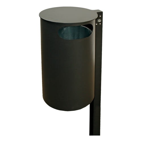 Rund-Abfallbehälter mit 2-fach Einwurf, Gaszugfeder und Pfosten, schwarzer Müllbehälter mit 60 Liter Fassungsvermögen