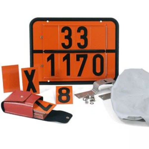 Orange Ziffernwarntafel starr mit Wechselziffern-Set nach GGVSEB ADR, bestehend aus orangefarbenem Schild mit schwarzen Zahlen und Zubehör