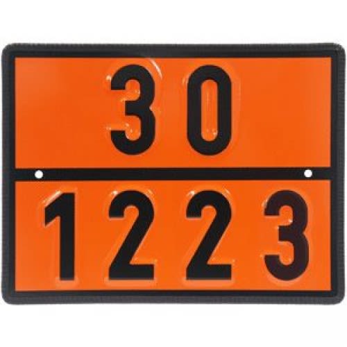 Warntafel für Kerosin mit Gefahrnummer 30 und UN-Nummer 1223 auf orangefarbenem Hintergrund