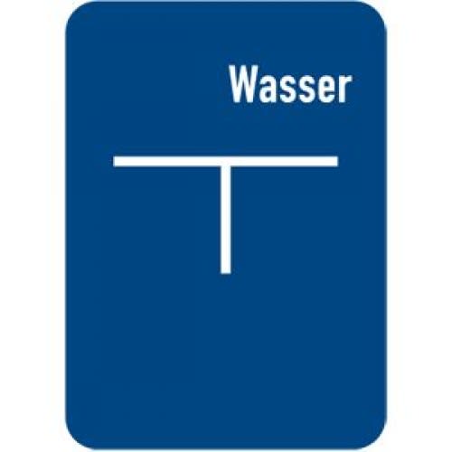 Hydrantenschild Wasser C nach DIN 4067 blau mit weißem Schriftzug Wasser und T-Symbol zur Selbstbeschriftung