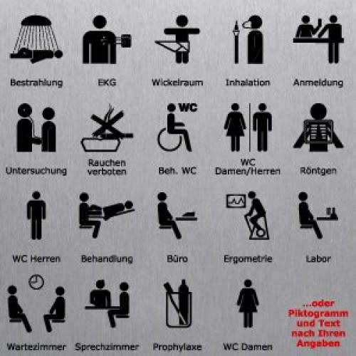 Aluminiumschilder mit verschiedenen Piktogrammen und Beschriftungen für medizinische Bereiche wie Bestrahlung, EKG, Wickelraum, Inhalation, Anmeldung, Untersuchung, Rauchen verboten, WC für Behinderte, WC Damen/Herren, Röntgen, WC Herren, Behandlung, Büro