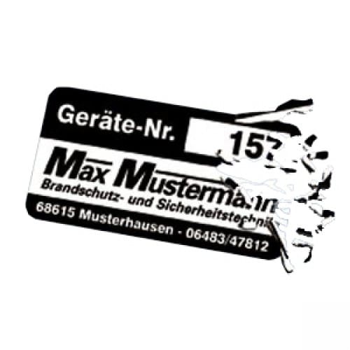 Nummerierte Inventaretiketten aus Dokumentenfolie auf Rolle, weiß, selbstklebend mit Geräte-Nummer und Firmenname Max Mustermann