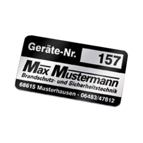 Nummerierte Inventaretiketten auf Rolle in Silber, selbstklebend mit Beispielnummer 157 und Firmenname Max Mustermann