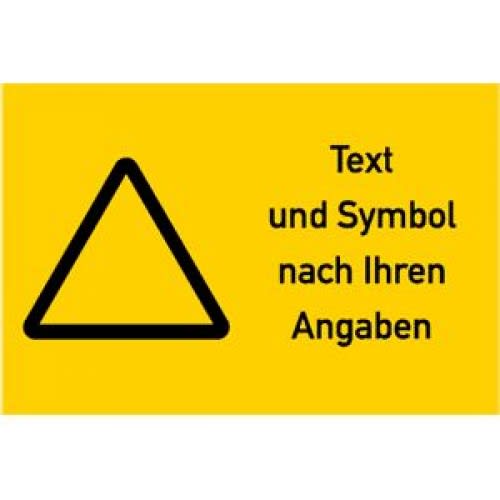 Gelbes Querformat-Warnzeichen mit schwarzem Dreieck und Text 'Text und Symbol nach Ihren Angaben'