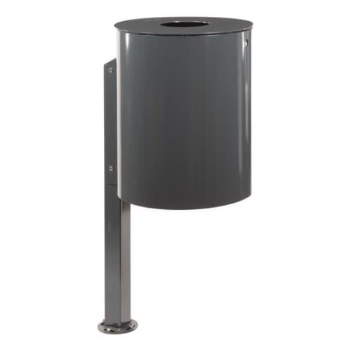 Schwerer Rund-Abfallbehälter mit Deckelscheibe und Pfosten in dunkelgrauer Farbe, 50 Liter Fassungsvermögen