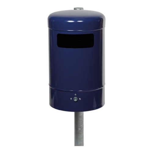 Rund-Abfallbehälter mit Bodenentleerung in dunkelblau, 50 Liter Fassungsvermögen, auf Pfosten montiert