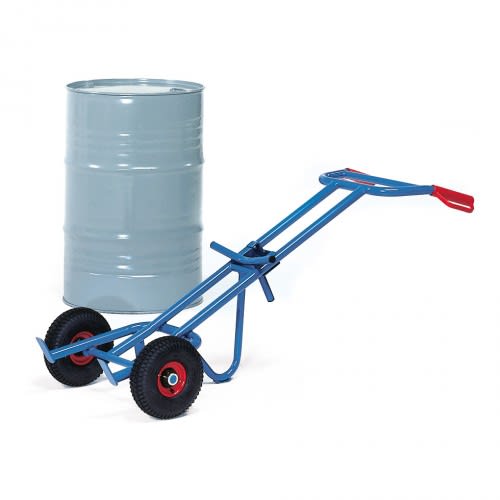 FETRA Fasskarre Modell 1065 in Blau mit rotem Griff und zwei schwarzen Reifen, geeignet zum Transport von Fässern bis 300 kg