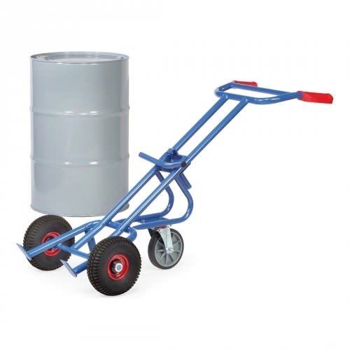 FETRA Fasskarre 1071 mit Stützrad und blauer Rahmenkonstruktion, Tragkraft 300 kg, mit grauem Fass