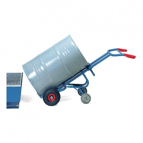 FETRA Fasskarre Modell 2078 mit zwei Stützrädern und rotem Griff, Tragkraft 300 kg, mit aufgesetztem Metallfass