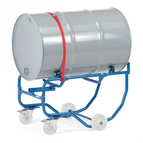 FETRA Fasskipper 2015 mit Hebelstange und fahrbarem Gestell, Tragkraft 250 kg, blauer Rahmen mit grauem Fass und rotem Spanngurt