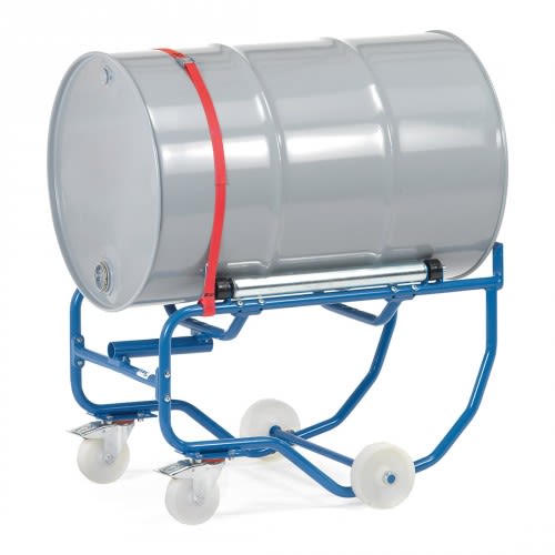 FETRA Fasskipper 2016 mit Hebelstange und Stahlrollen, fahrbar, Tragkraft 250 kg, blauer Rahmen mit grauem Fass