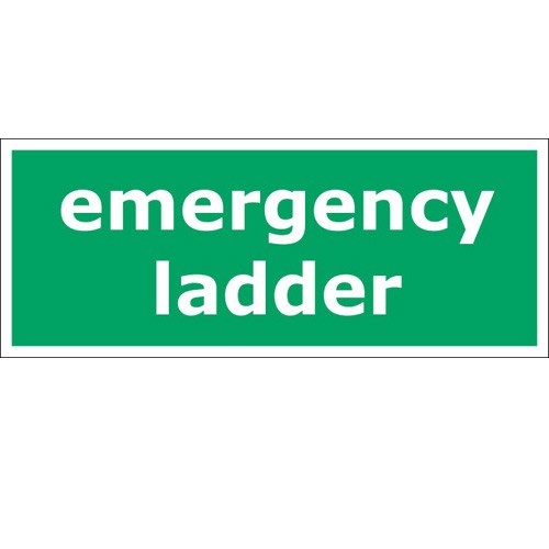 Grünes Schild mit weißer Aufschrift emergency ladder Notleiter