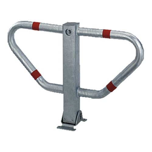 Parkplatzbügel STOPPY II aus Metall mit rotem Markierungsstreifen zur Absperrung von Parkplätzen