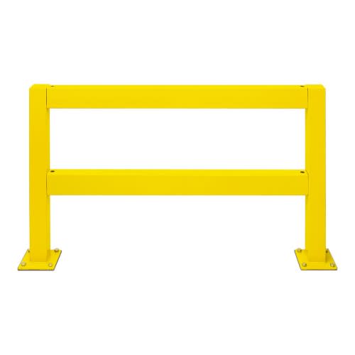 Gelbes Rammschutzgeländer WACHTWERK X® aus Stahl, Modulsystem ZWEI, freistehend mit zwei Querstreben