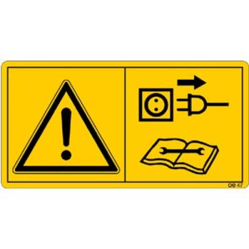 Warnschild vor Reparatur-, Wartungs- und Reinigungsarbeiten Motor abstellen und Netzstecker ziehen mit Warnsymbol, Steckdose, Stecker und Handbuch